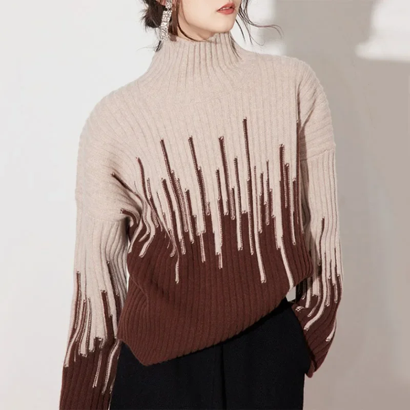 เสื้อสเวตเตอร์คอเต่าครึ่งแขนยาวเสื้อถักคอกลมเสื้อถักกันหนาวสำหรับผู้หญิงเสื้อสวมหัวทรงหลวมลำลองฤดูหนาวฤดูใบไม้ร่วง