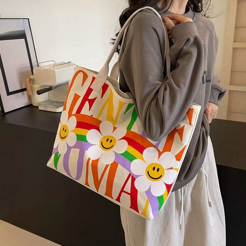 Tote Bag For Women Fashion Printed Shoulder Handbag With Zipper, Durable Shopping Tote With Colorful Flower And Rainbow Design