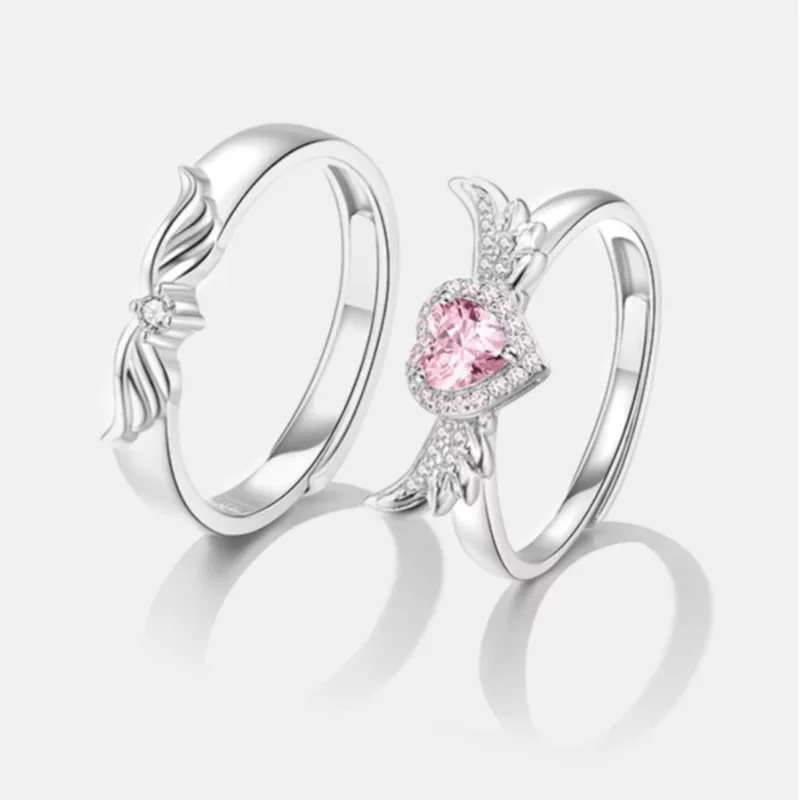 YILUOCD 2Pcs Pink Heart Zircon Rings for Couple Gold Plated Angel Wing Ring Eternity Forever Love Fine Jewelry Wedding Gift