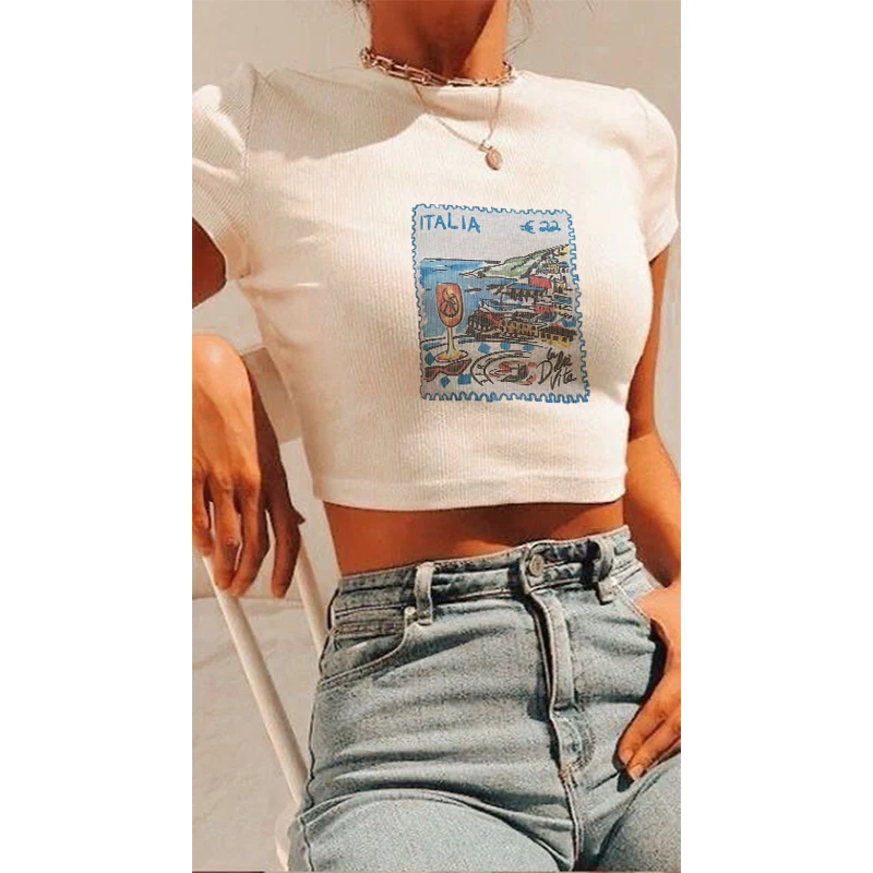 Y2k Women Summer Crop Tops ITALIA Stamp Graphics Tops Casual Street Wear Tight T-shirts Sexy E-Girls O-Neck Slim Fit Baby Tees