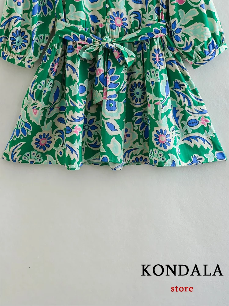 KONDALA Vintage Print Green A-Line Women Shirt Dress Fashion 2023 Summer Long Sleeve Lace Belt Chic Casual Mini Holiday Vestidos