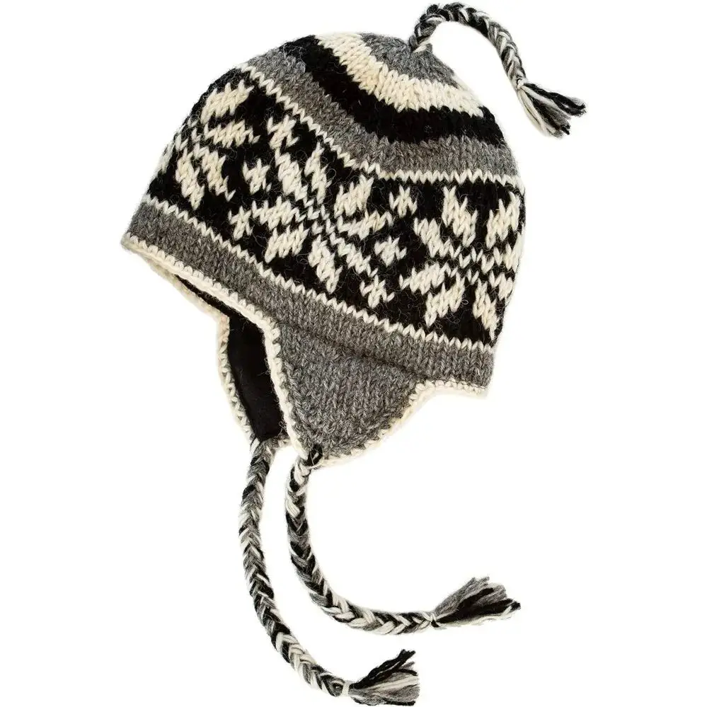 

Hand Knit Sherpa Wool Unisex Hat with Micro Fleece Lining with Snowflake Pattern - Ear Flaps - Toque - Beanie
