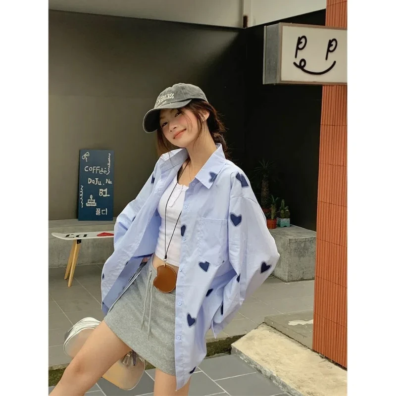 Korean Love Print Loose Blouse Long Sleeve Blue Polo Neck All-match Fashion Shirt Tops Spring Autumn Casual Trend Women Clothing