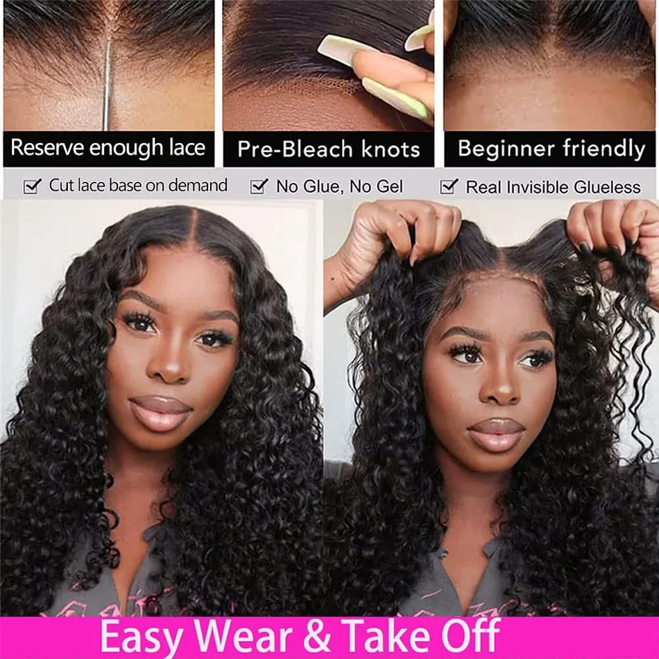 Wear And Go-Peluca de cabello humano indio para mujeres negras, pelo ondulado, mojado y ondulado, rizado profundo, sin pegamento