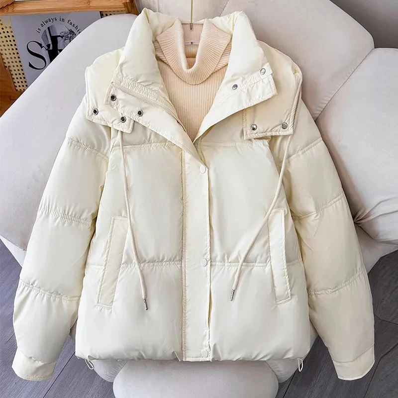 PU Leather Winter Jacket Womens Waterproof Parkas Loose Detachable Hooded Outwear Female Thicken Warm Down Cotton-Padded Coat