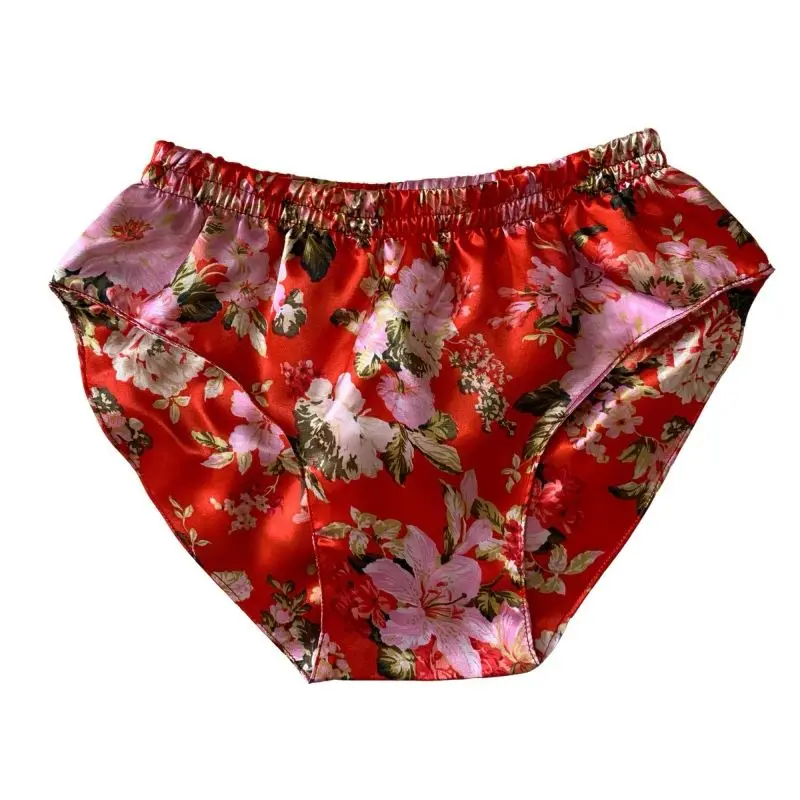 Unisex Sexy Silk Satin Briefs Floral Print Double Layer Smooth Soft Non-Stretchy Underpants Couple Mid-rise Triangle Underwear