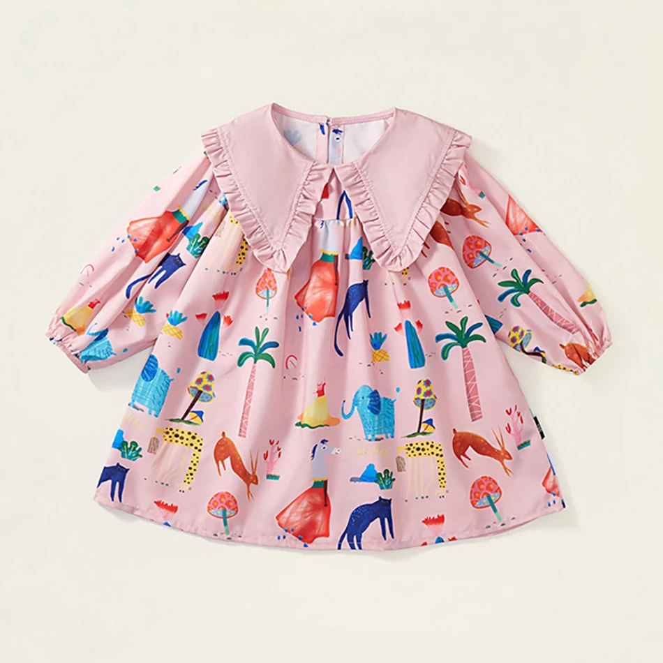 Ethereal Spring Fashion Kids Long Sleeve Pink Casual Dress Puff Sleeve Vibrant Playful Doodle Print Perfect for Day in Sunshine