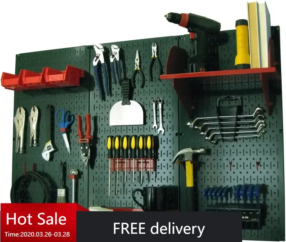 Pegboard Organizer Wall Control 4 ft. Metal Pegboard Standard Tool Storage Kit with Green Toolboard and Red Accessories