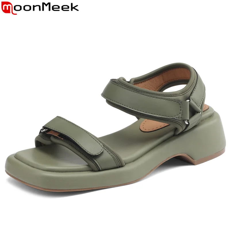 

MoonMeek New Synthetic Casual Woman Sandals 2023 Concise Ladies Square Toe Sandals Square Med Heels Platform Summer Shoes