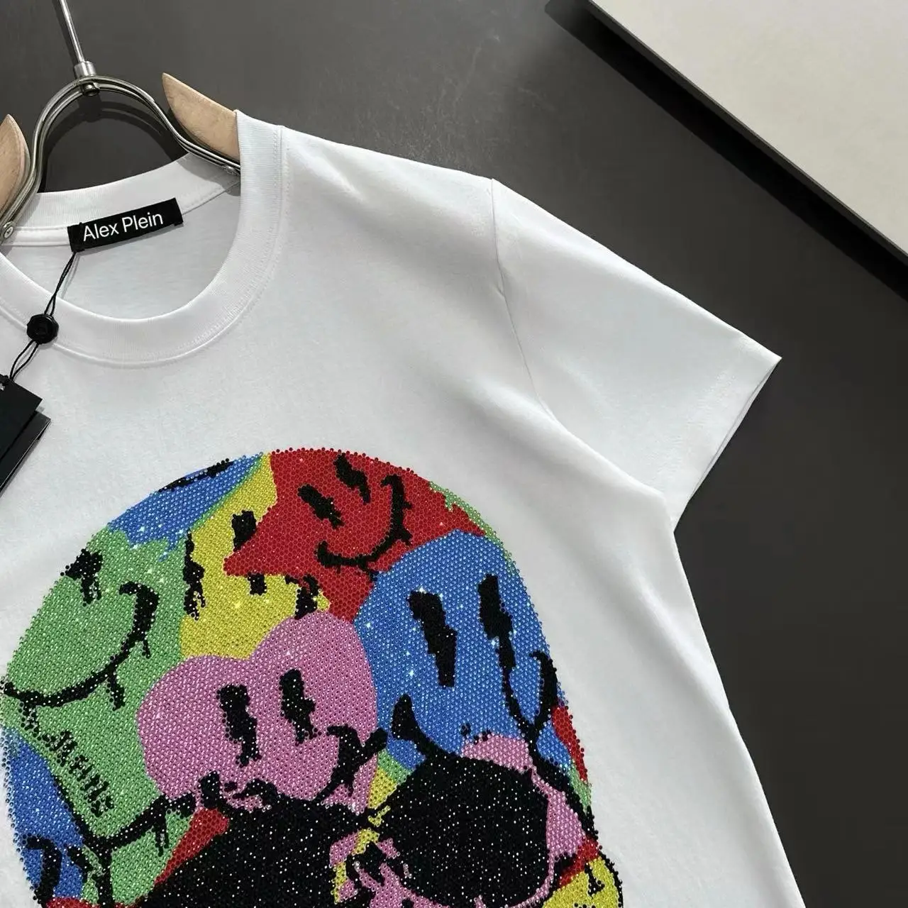 Alex Plein Men\'s Fashion Clothing Round Neck 2024 Summer Colorful Skull Head Hot Diamond Short Sleeve Couple Cotton T-shirt