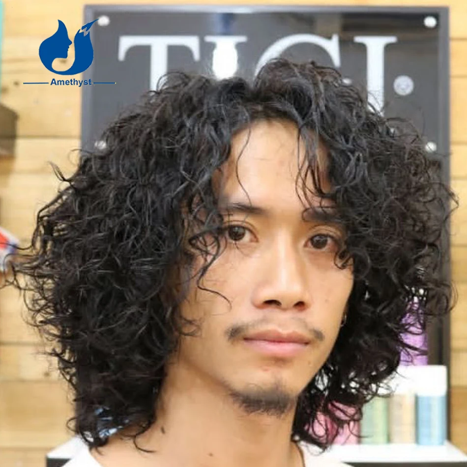 

Amethyst Curly Natural Black 13x6 Lace Front Wig for Men Brazilian Remy Hair Short Bob Pre Plucked Male Hair System
