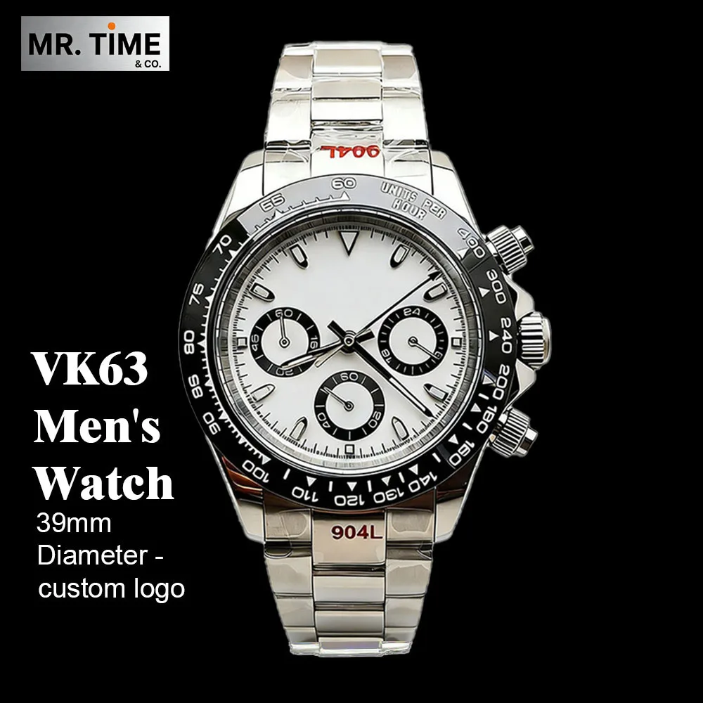 Men's Watch VK63 Men's Timing Quartz Movement Stainless Steel Watch Custom Dial Sapphire Glass Suitable for VK63 Movement Watch