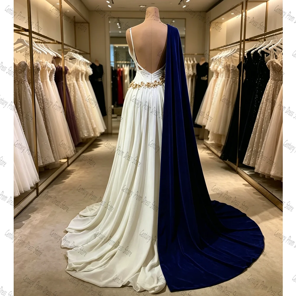 White One Shoulder Wedding Dress with Royal Blue Cape Luxury 3D Flower Applique Satin A-Line Bridal Gown with Train for Bride