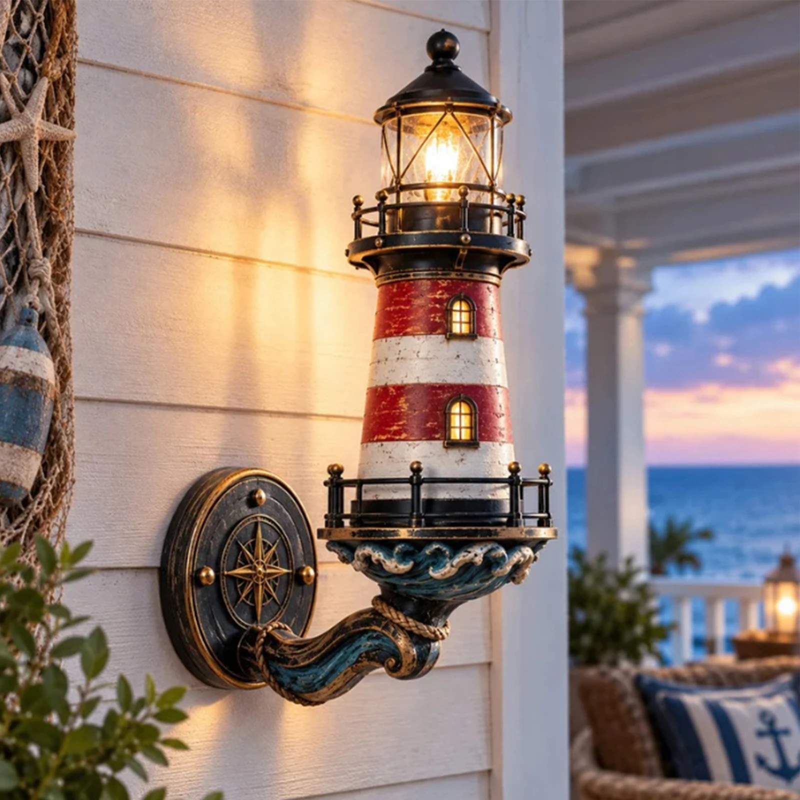 Vintage Lighthouse Outdoor Porch Sconce Resin Nautical Wall Lamp Red White Stripe Wave Base Compass Rose