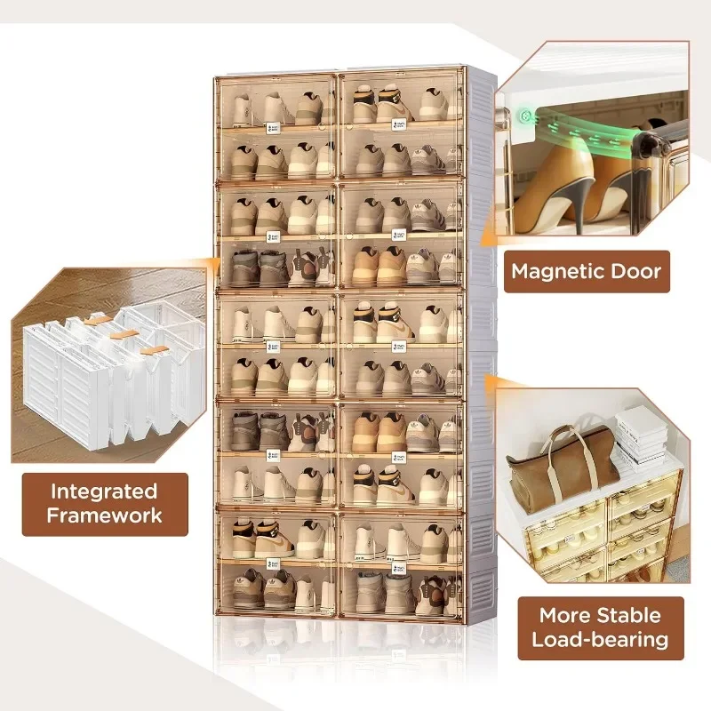 ポータブルシューズラック,積み重ね可能なスニーカー収納,透明な磁気ドア付きシューズキャビネット,クローゼットの玄関