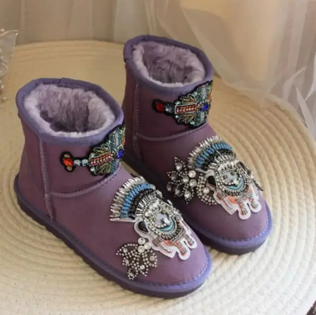 Classical Purple Cow Suede Rhinestone Character Embroidery Snow Boots Thick Sole Woman Warm Plush Winter Ankle Boots