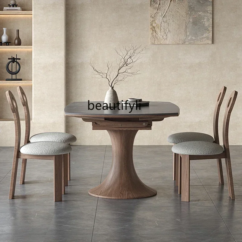 

Foldable round solid wood rock slab dining table and chair combination household small apartment wabi sabi modern simple stretch