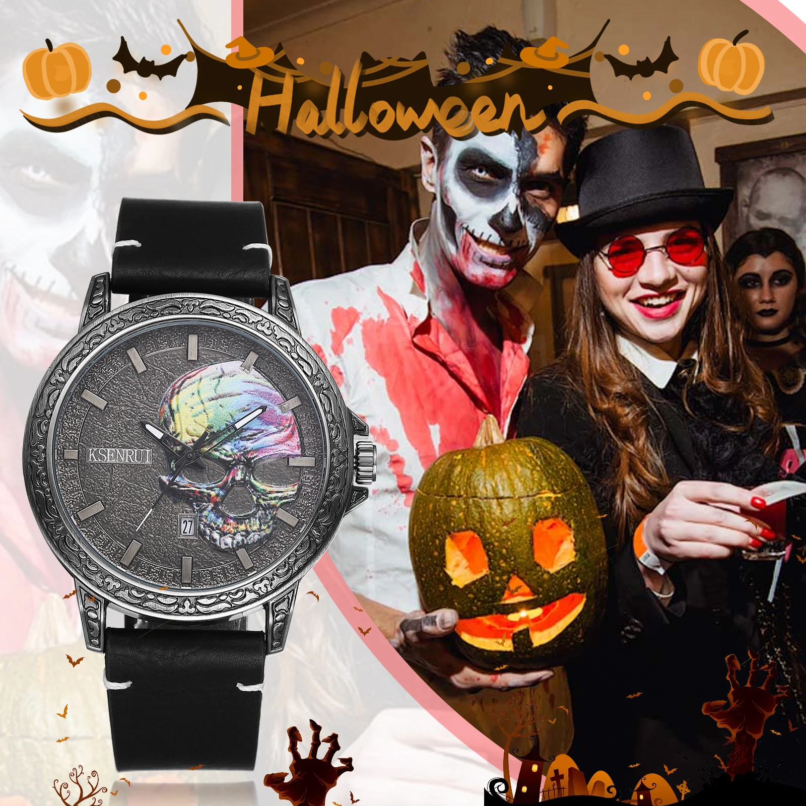 Men\'s Simulated Quartz Punk Halloween Leather Waterproof Watch Strip Scale Skull Decorated Dial Luminous Hands Motorcycle Watch