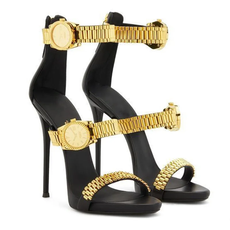 

Fashion Gold Watch Embellished Straps Sandals High Heels Summer Ladies Open Toe Thin Heel Woman Stage Party Oufit Shoes