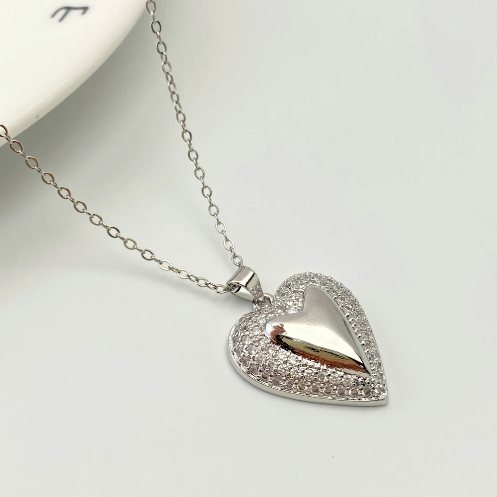 Fashion Clear Zircon Pave Silver Plated Heart Charms Necklace Jewelry Gift image 2