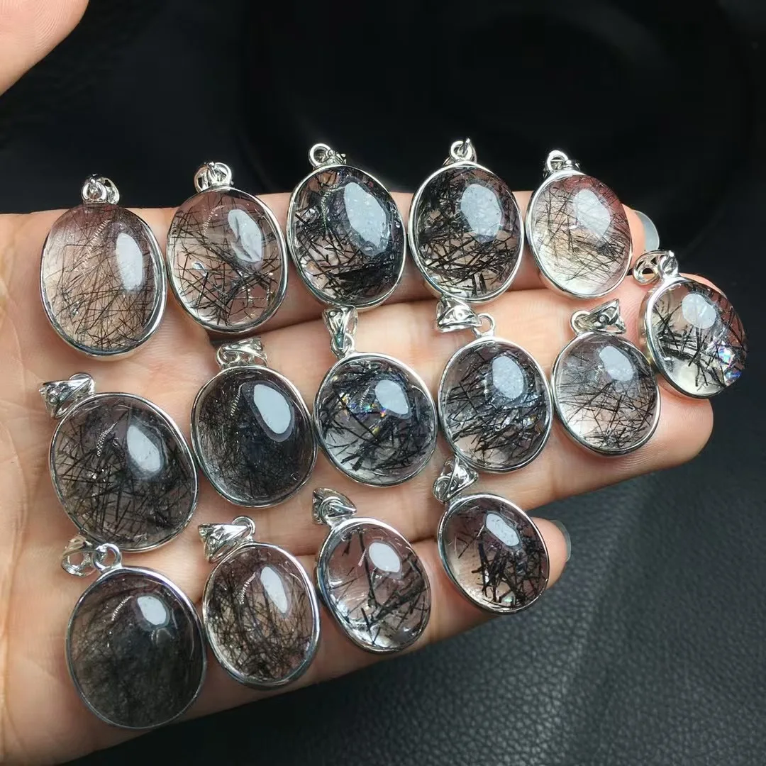 1 Pc Fengbaowu Natural Black Rutilated Quartz Pendant Oval Cabochon 925 Sterling Silver Reiki Healing Stone Jewelry Gift