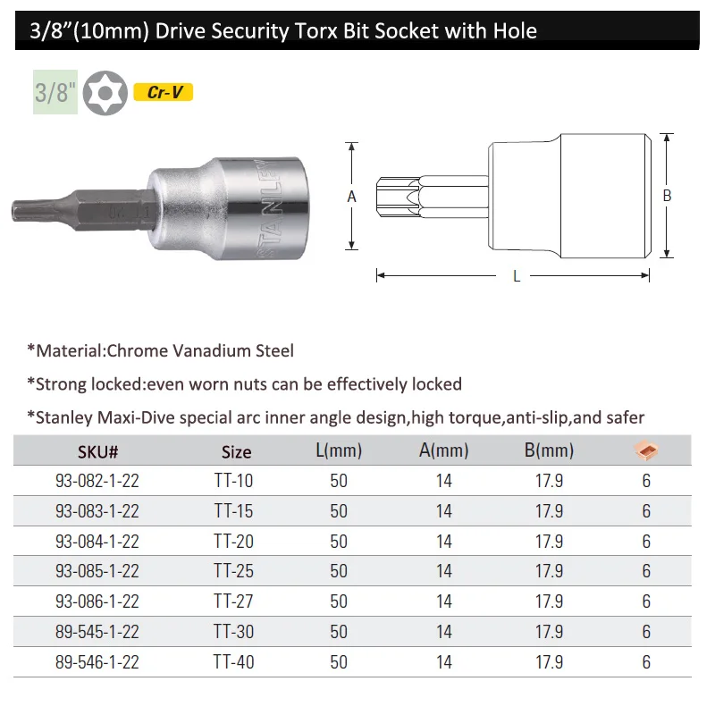 Stanley 1-Piece 3/8 1/2 drive security tamper proof torx bit socket with hole TT10 TT15 TT20 TT25 TT27 TT30 TT40 TT45 TT50 TT55