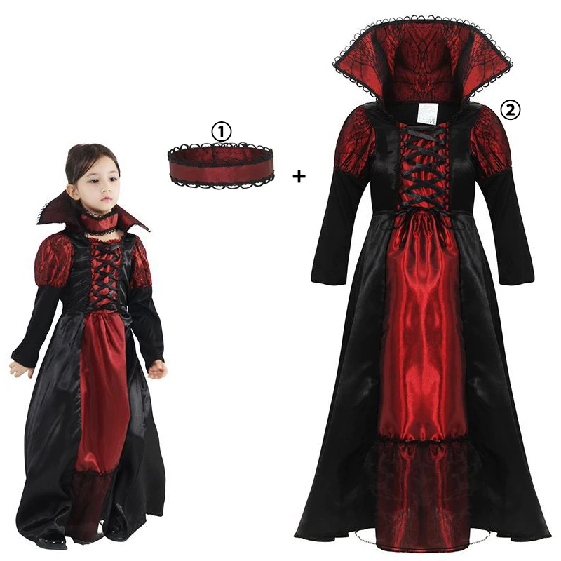 Kid Girls Vampire Dress Kid Ghost Bride Gothic Cosplay Vampire Devil Bat Halloween Costume Vampiran Carnival Outfit Clothes