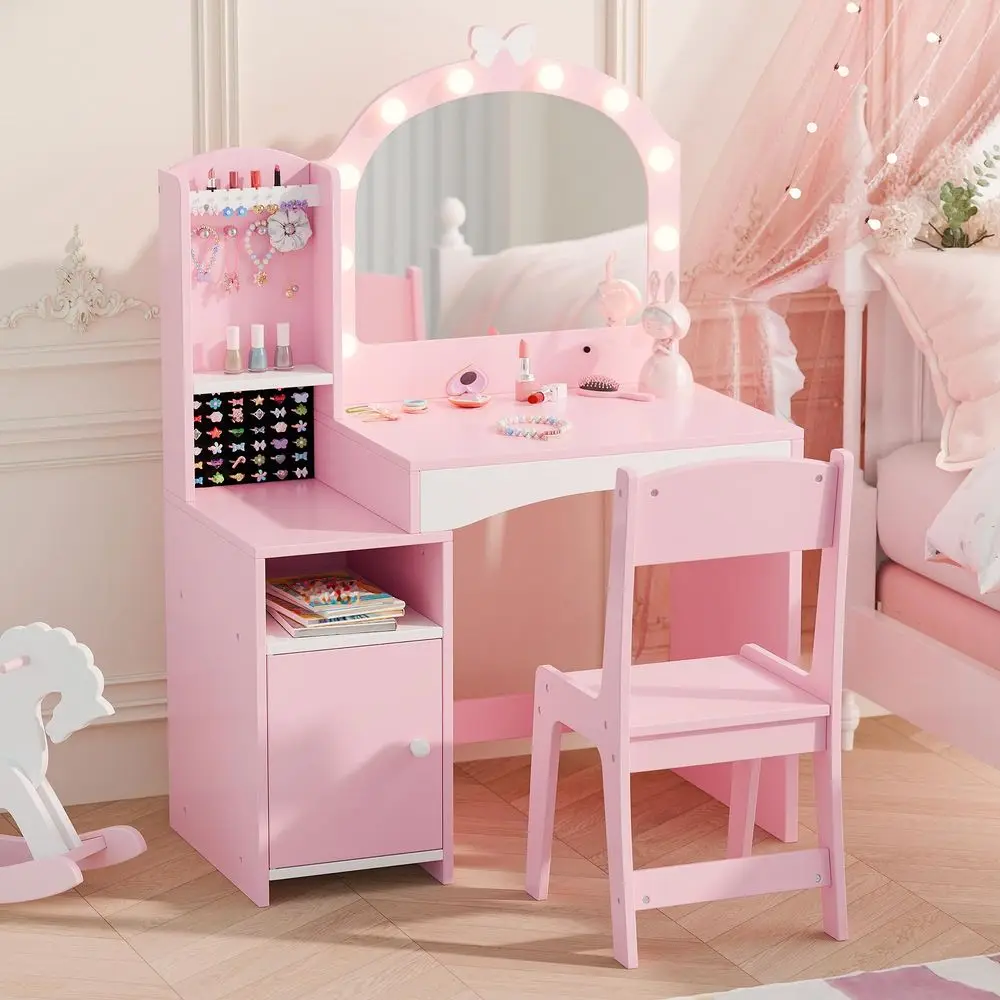 

Kids Vanity, Girl Vanity Set with Mirror and Chair, 2 in 1 Toddler Makeup Vanity Table with Jewelry Storage, Wooden Princess Ma