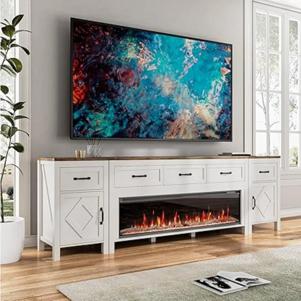 

88" Fireplace TV Stand for TVs Up to 95 In,Center with 50" Electric Fireplace,TV Console with Storage Cabinets and Drawers White