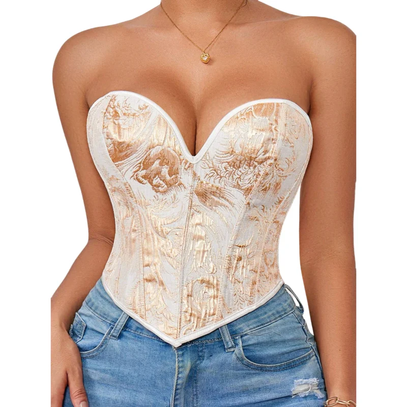 Corsets and Bustiers Gold Floral Vintage Fashion Corset Crop Top Body Shaper Women Sexy Corselet Vest Plus Size