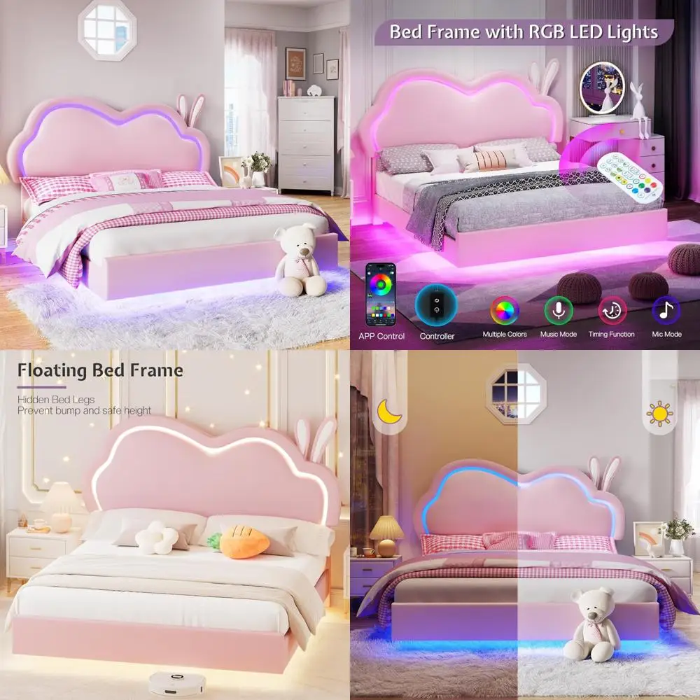 Marco de cama flotante tapizado de cuero rosa con linda cabecera de nube para niñas: no necesita somier
