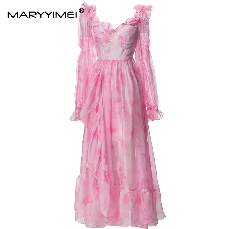 

MARYYIMEI Fashion Design Spring Summer women's V-Neck Flare Sleeve Ruffles Beading Print Dress High Street Pink Long Dresses