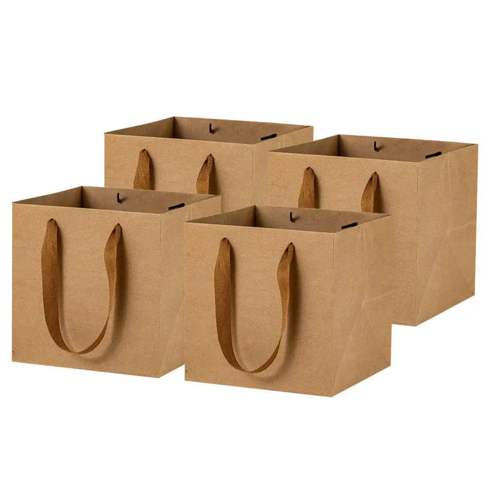 Square Gift Bags With Ribbon Handles 10/20PCS Brown Kraft Paper Bags For Wedding Party Favors Retail Business Packaging Bags