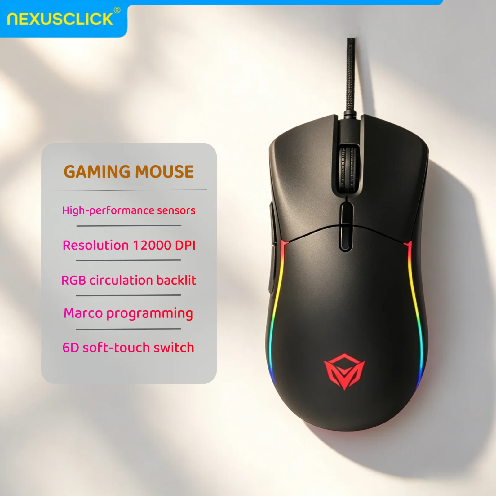 

NexusClick Wired Gaming Mouse,12000 DPI RGB Chromatic Backlit,6+1 Buttons Ergonomic Right Hand Game Mice for PC Laptop FPS MOBA