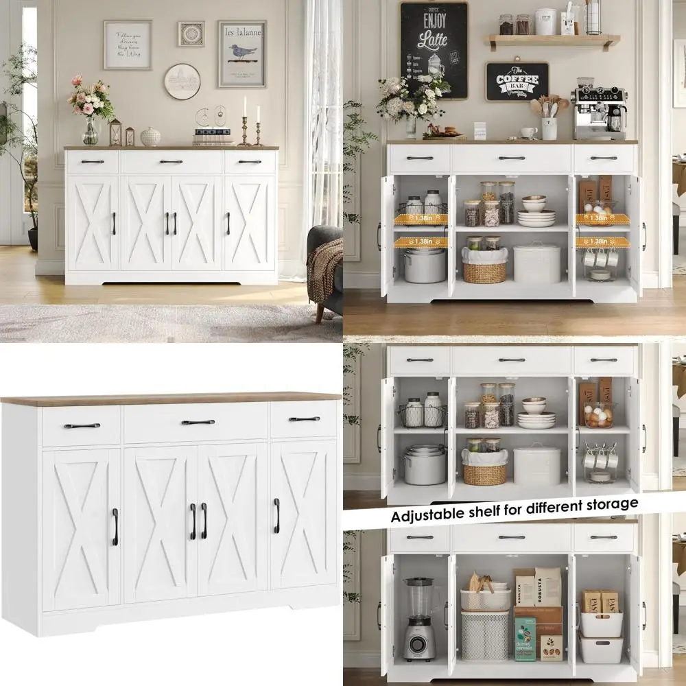 

Large 55 White Rustic Sideboard with Storage Shelves, Ideal for Kitchen or Dining Room, Coffee Bar Station