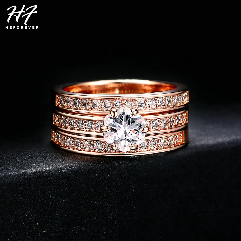 Classic 3 Round Engagement Ring Set for Women Rose Gold Color Jewelry Made with Genuine Austria Crystals Sizes HotSale R059