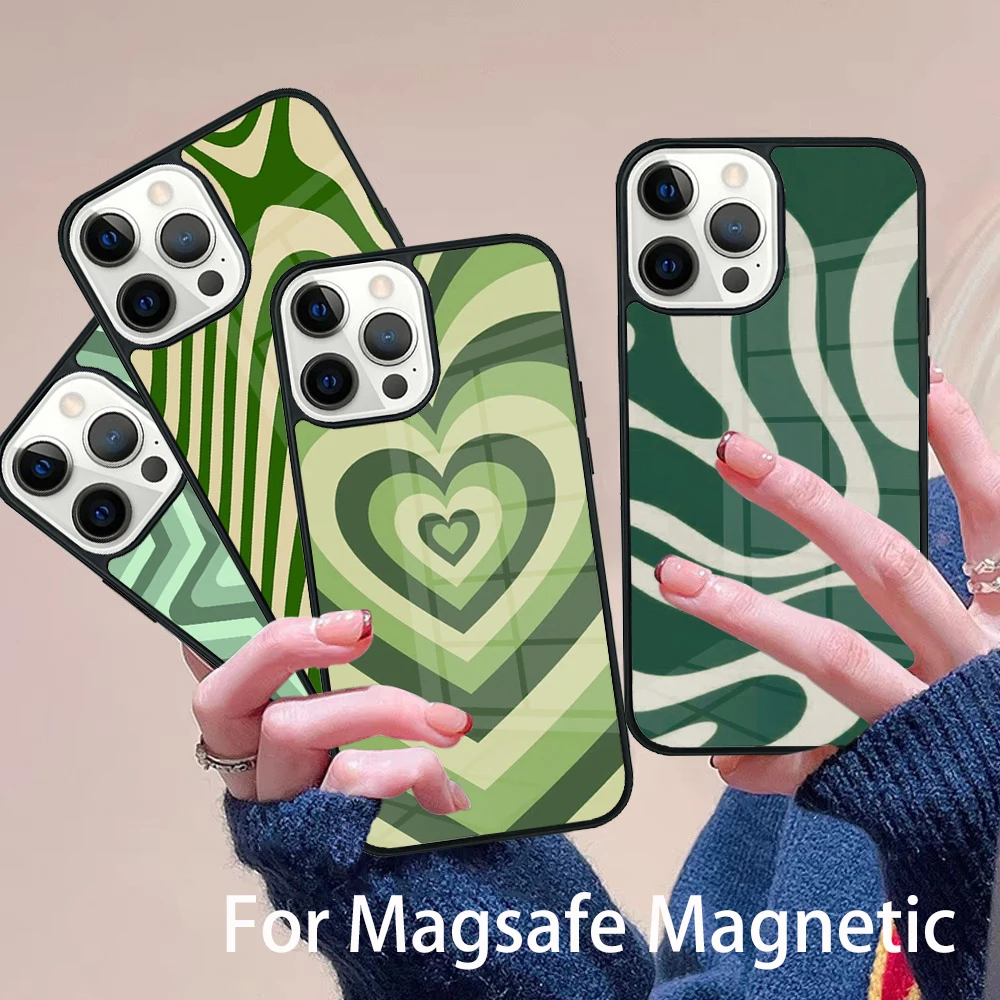 

Green Layered Star Heart Phone Case Magesafe Magnetic Wireless Charge Cover For IPhone 16 11 12 13 14 15 Pro Max Plus Mini