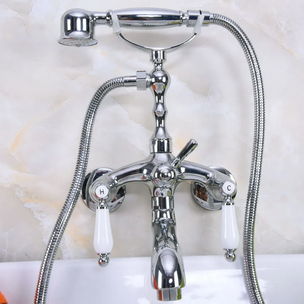 Wall Mounted Chrome Modern Style Bathtub Faucet Dual Handles Mixer Tap with Hand Shower Bna219