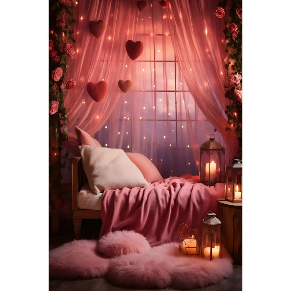 핑크 발렌타인 데이 커튼 사진 배경 사랑 풍선 장미 촛불 실내 장식 커플 초상화 배경 스튜디오