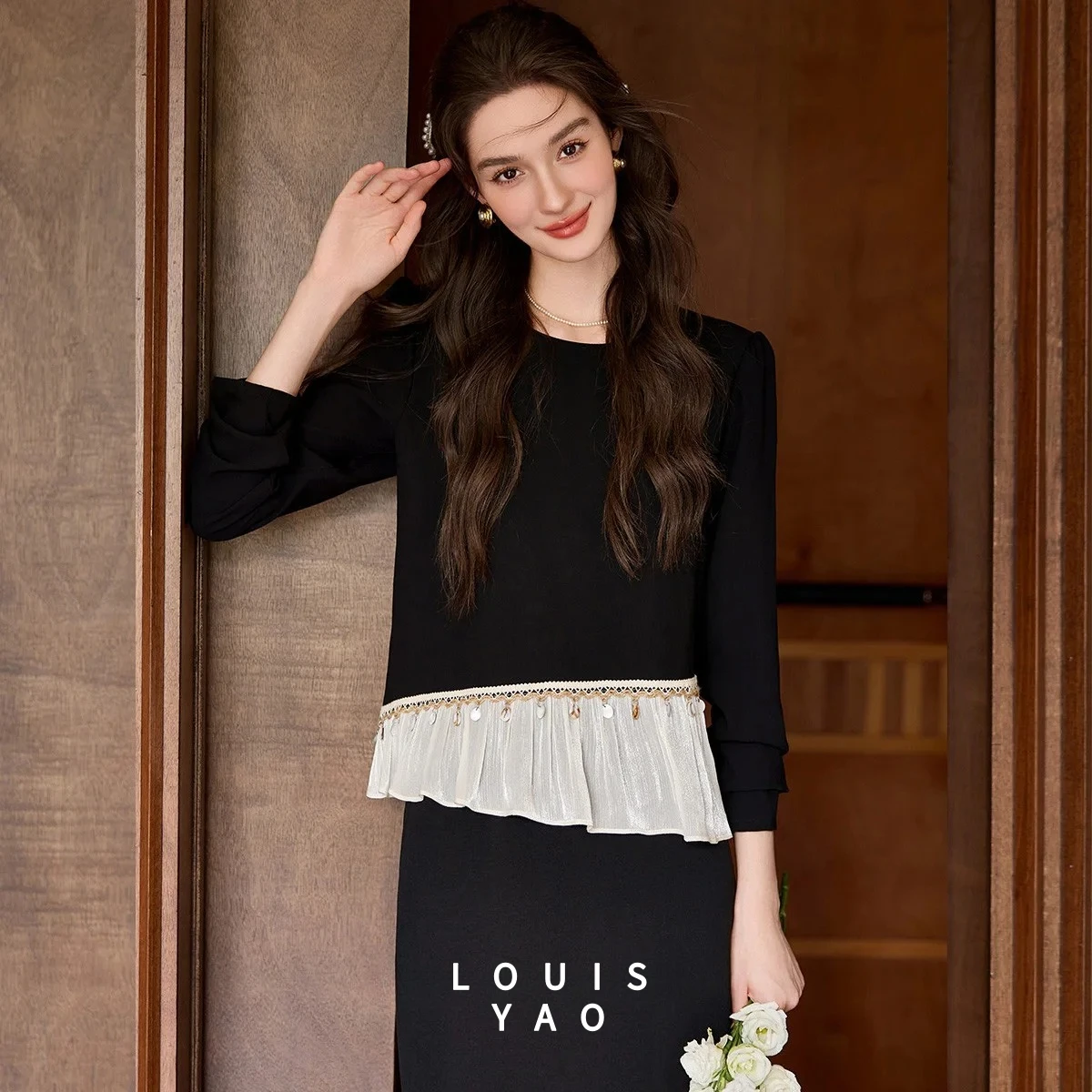 

LOUISYAO Подол Лоскутная рубашка со складками, осень 2022, топ с занавеской из бисера, тканая лента, неэластичный пуловер, женские блузки