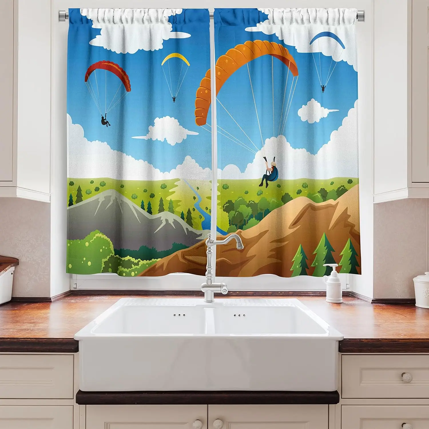 Cartoon Kitchen Curtains, Parachute Landscape Mountain River Clouds Palm Trees Kids Nursery Image Landscape, Window Drapes