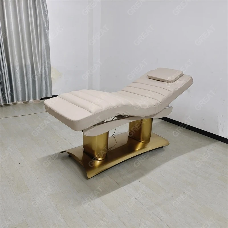 

High-end Salon Furniture Cylinder Shaped Gold Base Facial Cosmetic Spa Bed 4 Motors Electric Reclining Massage Table Bed