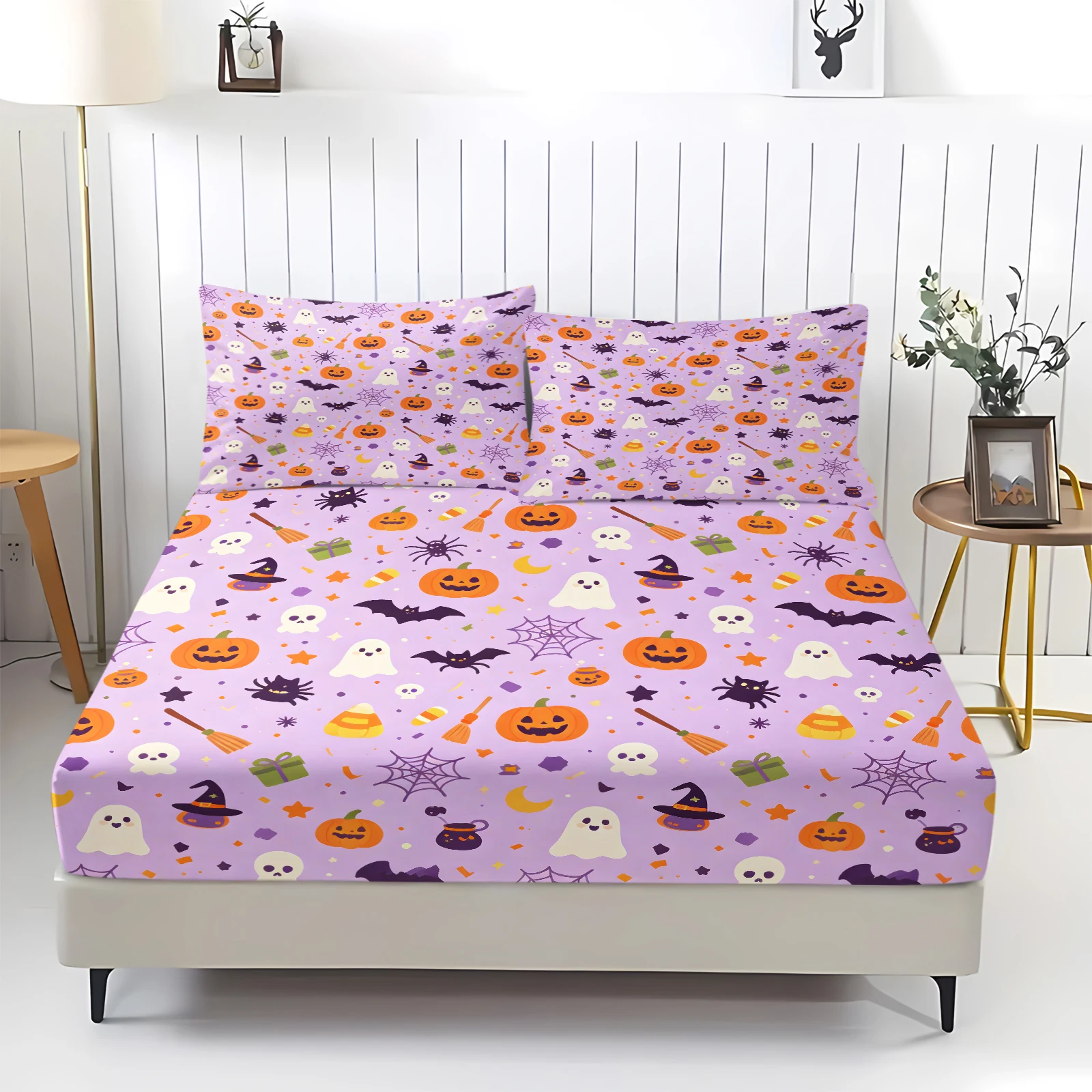Purple Halloween Fitted Sheet Set Pumpkin Ghost Bat Spider Print Deep Pocket Mattress Cover with Pillowcases Holiday Bedding