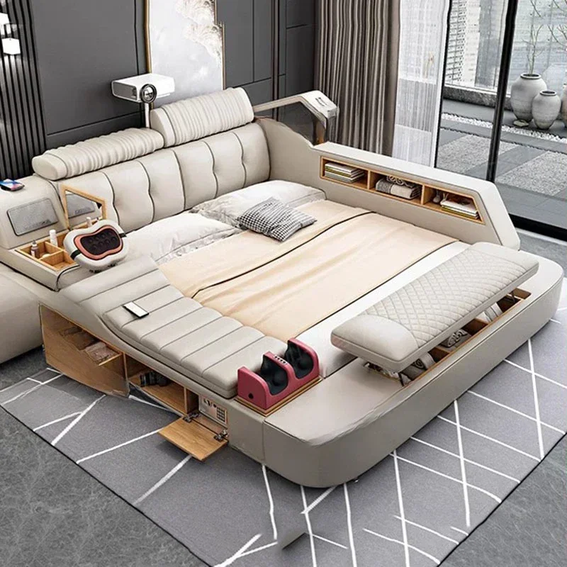 

Двуспальная кровать в королевском европейском стиле, современная кровать размера king-size с изголовьем-комодом, роскошная двуспальная кровать