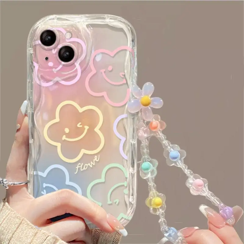 Clear Floral Pattern Cream Wavy Edge Case for Iphone 11 12 13 14 15 Pro Max X XS XR 7 8 Plus 12 Mini 3D Flower Phone Chian Cover