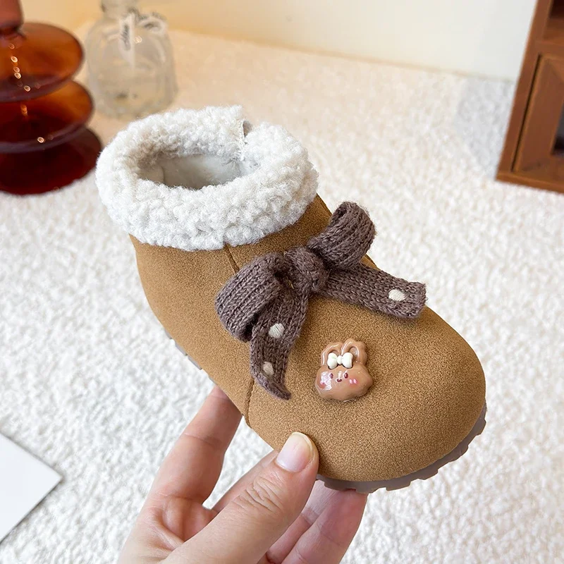 الفتيات حذاء من الجلد لطيف الانحناء الاطفال الأميرة الأحذية مع الفراء السميك 2025 شتاء جديد الأطفال أحذية بوت قصيرة أصابع مستديرة لينة وحيد الحلو #5