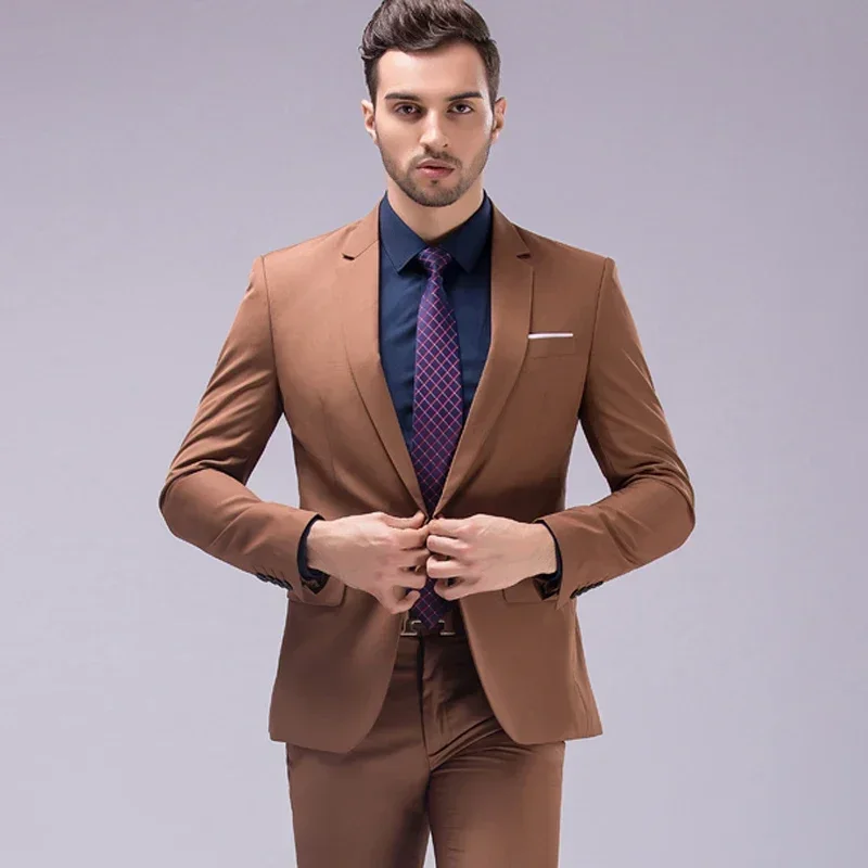 

( Jackets + Pants ) Blazer Trousers Fashion Solid Color Men's Casual Official Office Business Suit Bride's Wedding Dress Party