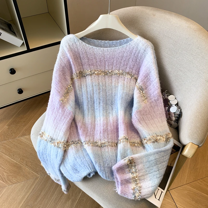 

Striped Stylish Sweater Knitwear Women Flare Sleeve Half High Collar Pullover Tops Fashion Elegant Chic Ladies Knit Shirt