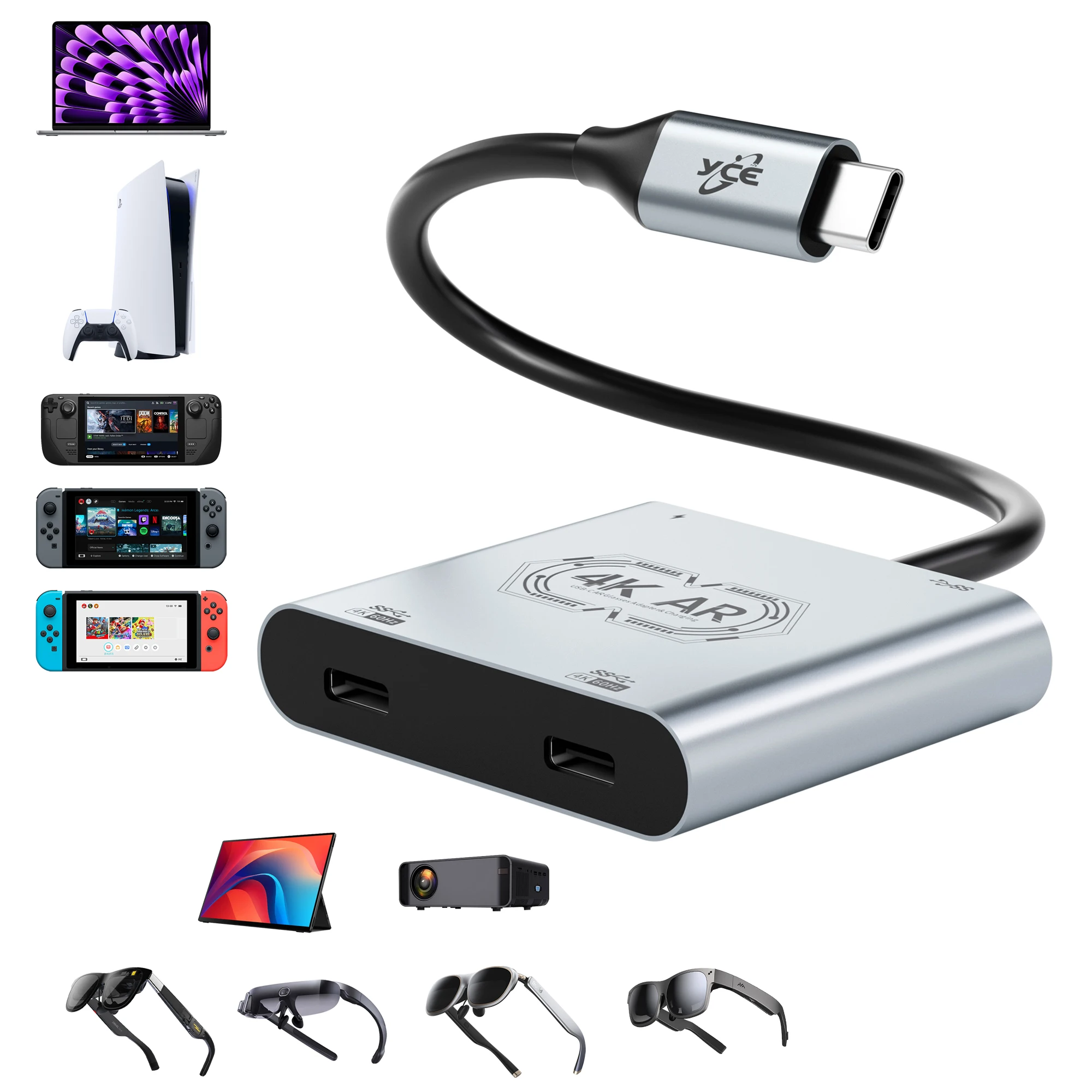USB C 4in1 Hub Dual AR Glasses Charging Adapter 4K@60Hz USB3.0 PD100W Compatible for Iphone Rokid/Xreal Glasses Portable Monitor