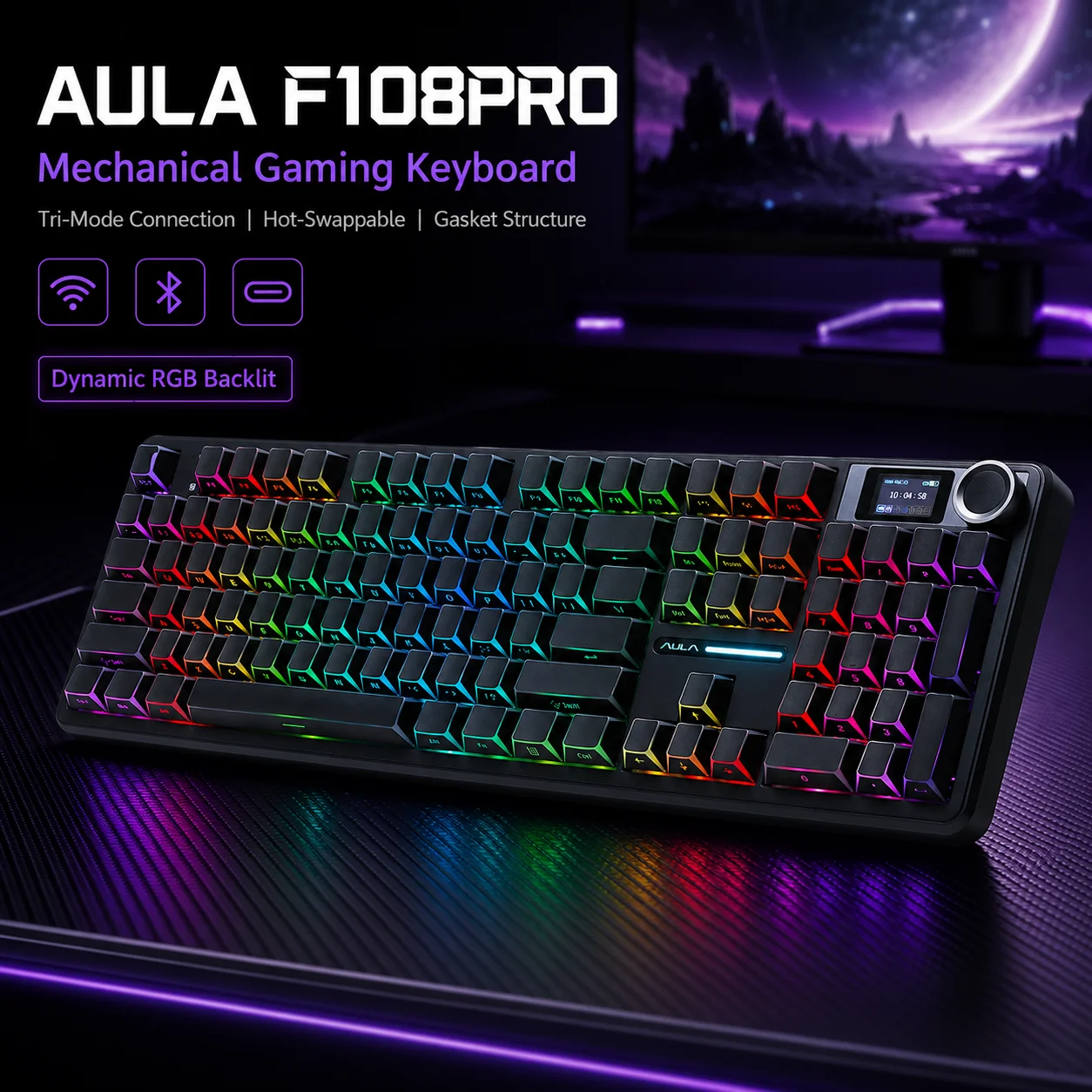 AULA F108 PRO Teclado Mecânico Personalizado 100% Layout RGB Backlight Sem Fio Bluetooth Interruptor Hifi Teclado para Jogos